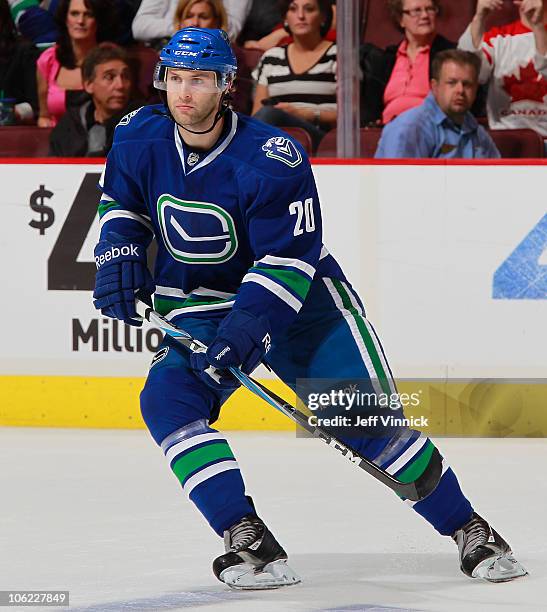 Ryan Parent of the Vancouver Canucks skates up ice during a game against the Minnesota Wild at Rogers Arena on October 22, 2010 in Vancouver, British...