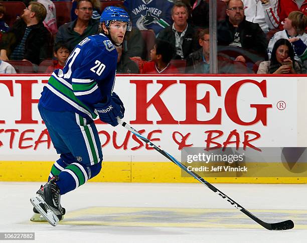 Ryan Parent of the Vancouver Canucks skates up ice during a game against the Minnesota Wild at Rogers Arena on October 22, 2010 in Vancouver, British...