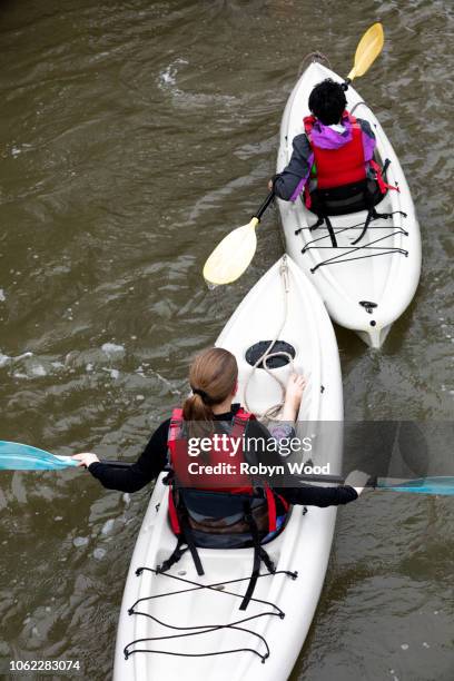 overhead view of two friends kayaking on river - kayaking australia stock pictures, royalty-free photos & images