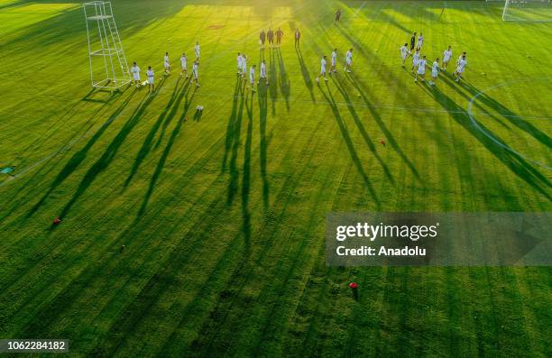 An aerial view of Afghanistan national football team training at a soccer field in Belek Tourism center of Antalya, Turkey on November 14, 2018.