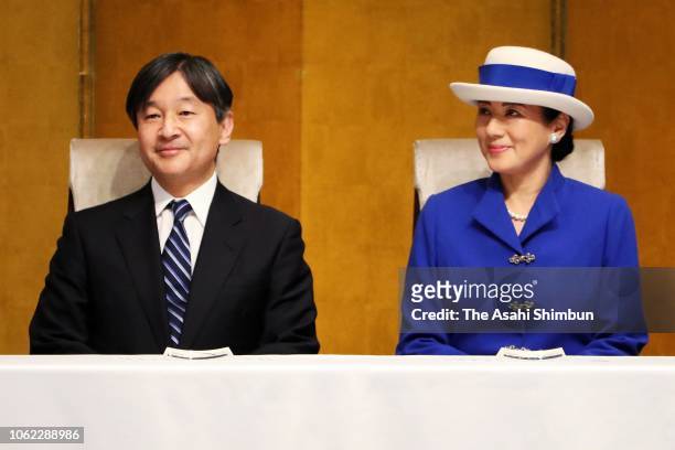 Crown Prince Naruhito and Crown Princess Masako attend the 150th anniversary ceremony of the lighthouse construction in Japan on November 01, 2018 in...