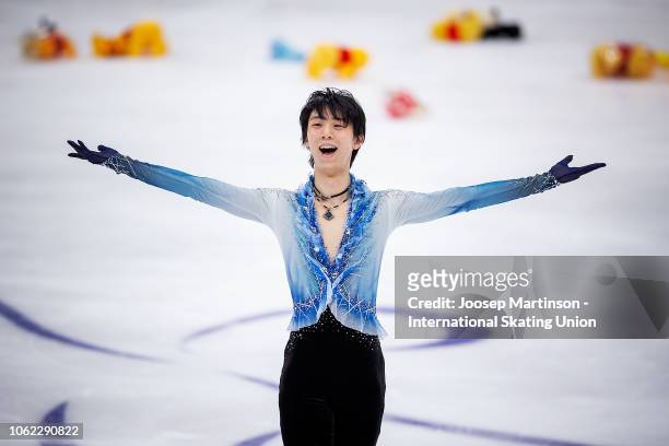 Yuzuru Hanyu of Japan reacts in the Men's Short Program during day 1 of the ISU Grand Prix of Figure Skating, Rostelecom Cup 2018 at Arena Megasport...