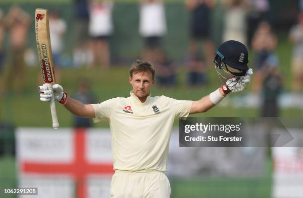 England captain Joe Root celebrates after reaching his century during Day Three of the Second Test match between Sri Lanka and England at Pallekele...