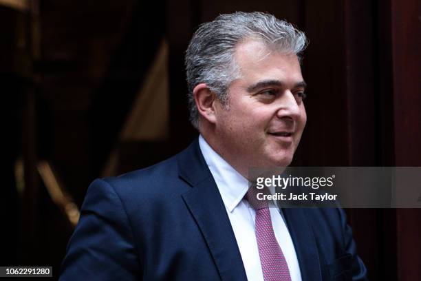 Chairman of the Conservative Party Brandon Lewis leaves Millbank Studios in Westminster on November 16, 2018 in London, England. The Prime Minister...