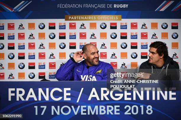 Argentina's head coach Mario Ledesma and Argentina's flanker and captain Pablo Matera hold a press conference on November 16, 2018 at the Pierre...