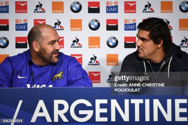 Argentina's head coach Mario Ledesma and Argentina's flanker and captain Pablo Matera hold a press conference on November 16, 2018 at the Pierre...