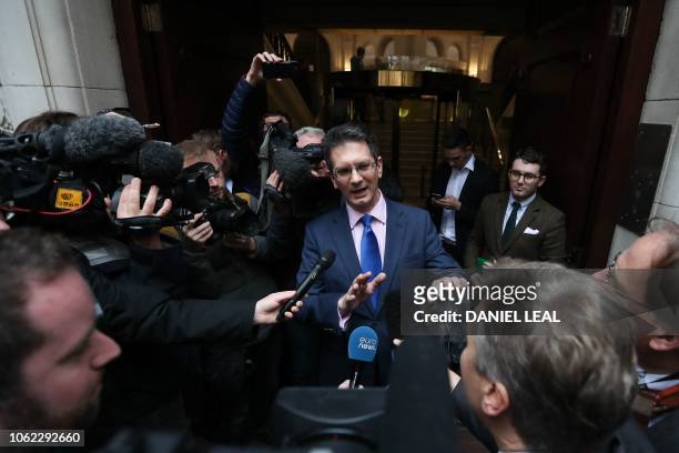 Conservative MP Steve Baker speaks to the media in Westminster near the Houses of Parliament in London on November 16, 2018. - British Prime Minister...