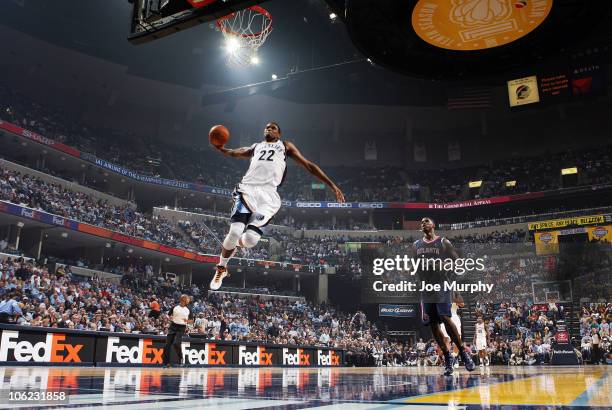 Rudy Gay of the Memphis Grizzlies dunks in a game against the Atlanta Hawks on October 27, 2010 at the FedExForum in Memphis, Tennessee. NOTE TO...