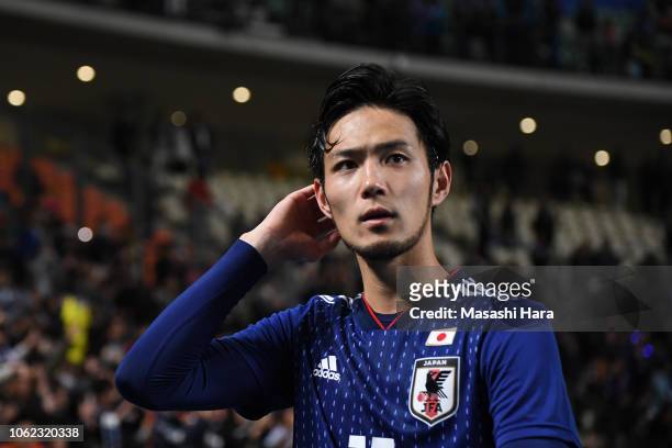 Kenyu Sugimoto of Japan looks on after the international friendly match between Japan and Venezuela at Oita Bank Dome on November 16, 2018 in Oita,...