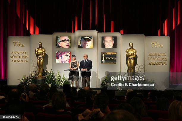 Salma Hayek and Sid Ganis, Academy President during The 79th Annual Academy Awards - Nominations Announcement at Academy of Motion Pictures Arts and...