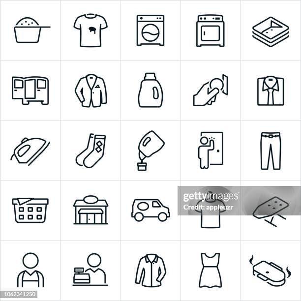 stockillustraties, clipart, cartoons en iconen met wasserette en stomerij pictogrammen - caissière