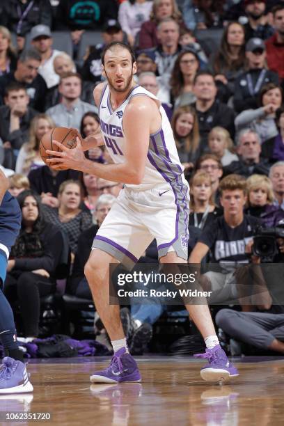 Kosta Koufos of the Sacramento Kings handles the ball against the Minnesota Timberwolves on November 9, 2018 at Golden 1 Center in Sacramento,...