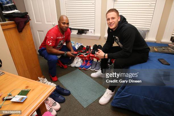 Donte DiVincenzo of the Milwaukee Bucks interacts with veterans while preparing dinner and playing board games on November 11, 2018 at the Zablocki...