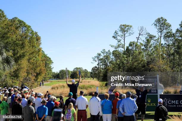 Lexi Thompson plays her shot from the first tee during the second round of the CME Group Tour Championship at Tiburon Golf Club on November 16, 2018...
