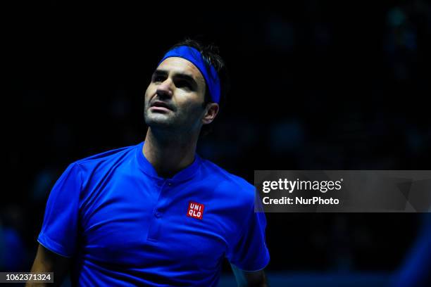 Roger Federer of Switzerland is pictured in action during his match against Kevin Anderson of South Africa on Day Five of the Nitto Atp World Tour...