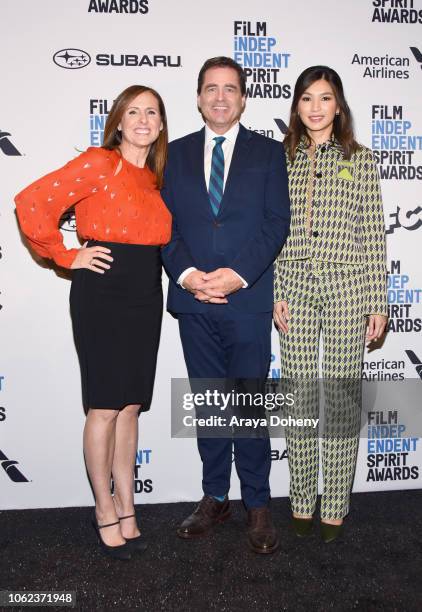 Actor Molly Shannon, President of Film Independent Josh Welsh and actor Gemma Chan attend the 2019 Film Independent Spirit Awards Nomination Press...