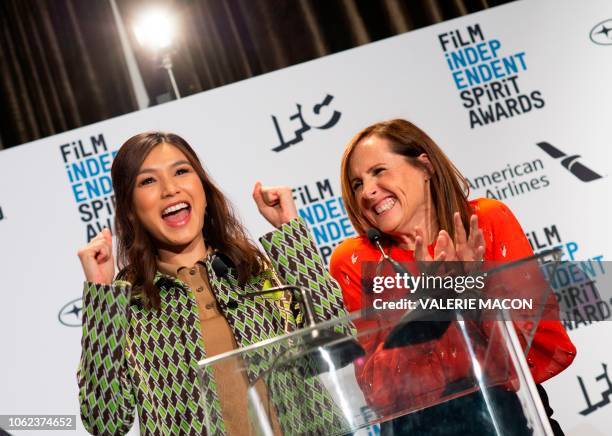 Actresses Gemma Chan and Molly Shannon announce the 2019 nominees during the Film Independent Spirit Awards Nominations Announcement Press...