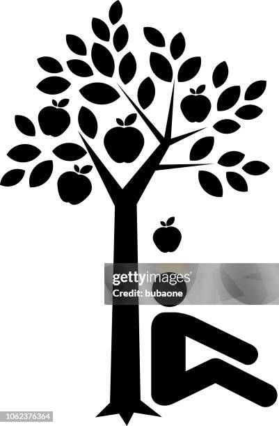 discovering gravity icon with long shadow - apple falling from tree stock illustrations