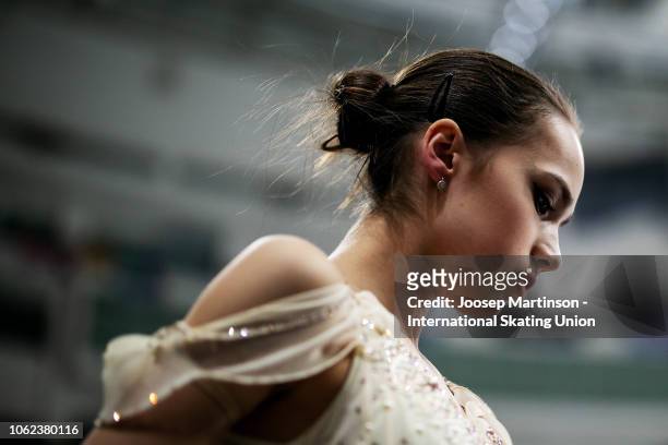 Alina Zagitova of Russia prepares in the Ladies Short Program during day 1 of the ISU Grand Prix of Figure Skating, Rostelecom Cup 2018 at Arena...