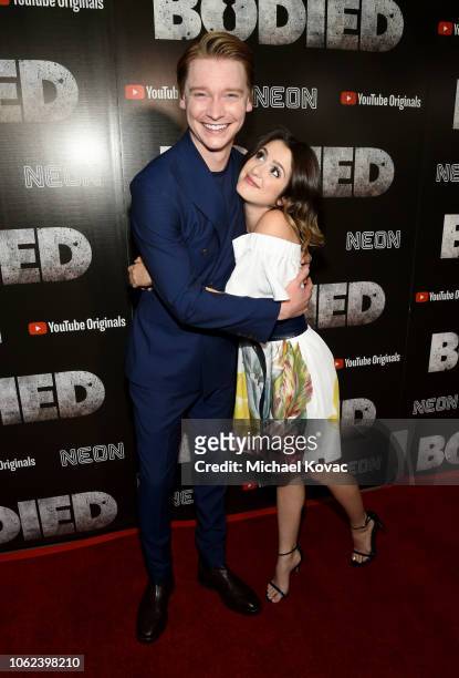 Calum Worthy and Laura Marano attend the Los Angeles Premiere For YouTube Premium And Neon's Bodied on November 01, 2018 in Hollywood, California.