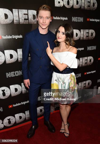 Calum Worthy and Laura Marano attend the Los Angeles Premiere For YouTube Premium And Neon's Bodied on November 01, 2018 in Hollywood, California.