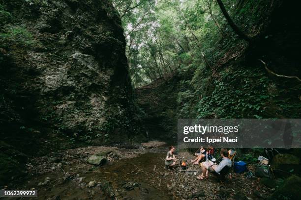 family campfire barbecue by stream in wild ravine, japan - asian family camping stock pictures, royalty-free photos & images