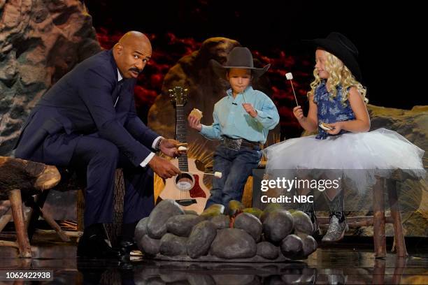 Give Us S'mores" Episode 309 -- Pictured: Steve Harvey, Blayze Hunter Fallis, Tinley Roberts --