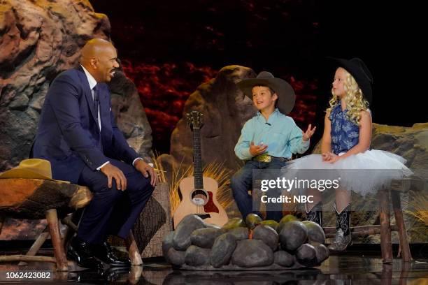 Give Us S'mores" Episode 309 -- Pictured: Steve Harvey, Blayze Hunter Fallis, Tinley Roberts --