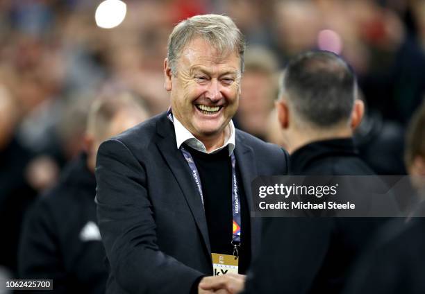 Aage Hareide, Manager of Denmark shakes hands with Ryan Giggs, Manager of Wales prior to the UEFA Nations League Group B match between Wales and...