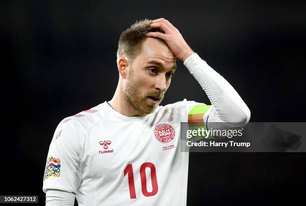 Christian Eriksen of Denmark reacts during the UEFA Nations League Group B match between Wales and Denmark at Cardiff City Stadium on November 16,...