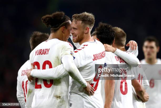 Nicolai Jorgensen of Denmark celebrates after scoring his team's first goal with Yussuf Poulsen of Denmark during the UEFA Nations League Group B...