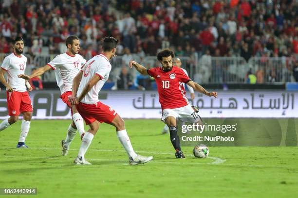 Egypts Mohamed Salah shot on the goal during the Africa Cup of Nations qualifier match between Egypt and Tunis in Borg Al-Arab stadium in Alexandria,...