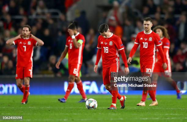 Harry Wilson of Wales looks dejected after Denmark score there second goal during the UEFA Nations League Group B match between Wales and Denmark at...