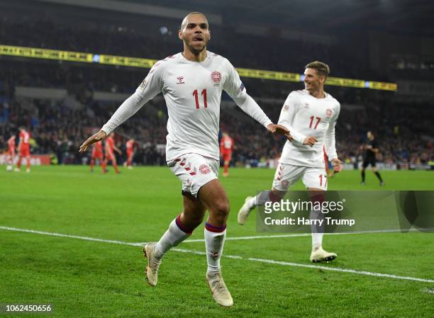 Martin Braithwaite of Denmark celebrates after scoring his team's second goal during the UEFA Nations League Group B match between Wales and Denmark...