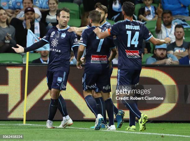 Adam Le Fondre of Sydney FC celebrates after scoring a goal during the round three A-League match between Melbourne Victory and Sydney FC at AAMI...