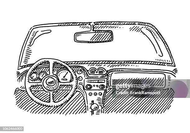 car interior steering wheel drawing - car window stock illustrations