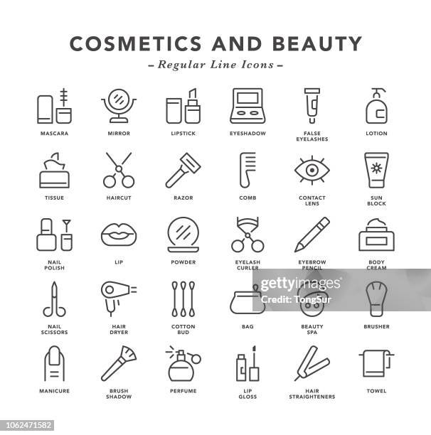 illustrazioni stock, clip art, cartoni animati e icone di tendenza di cosmetici e bellezza - icone di linea regolari - salone di bellezza