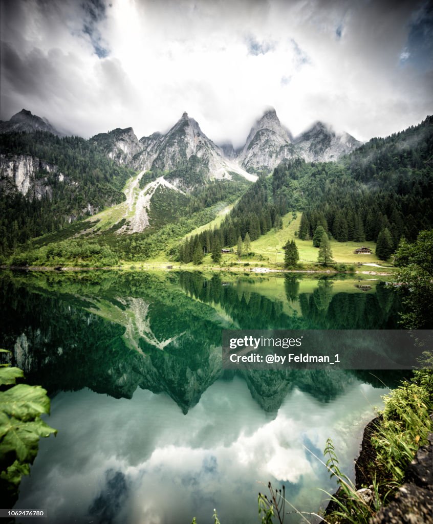 View of the Dachstein Mountains in the foreground of the Gossausee