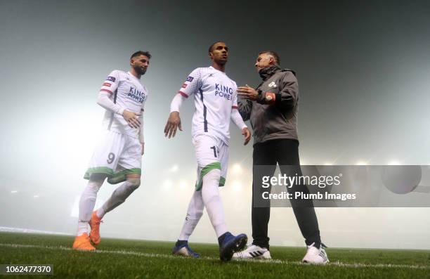 Manager Nigel Pearson of OH Leuven thanks Frederic Duplus and Esteban Casagolda of OH Leuven after the Proximus League match between OH Leuven and...