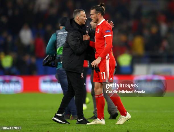 Ryan Giggs, Manager of Wales and Gareth Bale of Wales embrace after the UEFA Nations League Group B match between Wales and Denmark at Cardiff City...