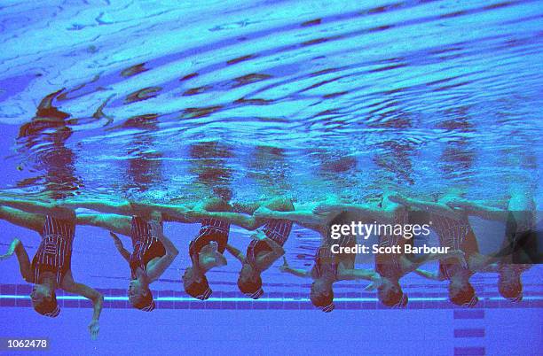 An underwater view of the USA Synchronised Swimming Team in action in the Team Technical Routine at the Sydney International Aquatic Centre on Day 13...