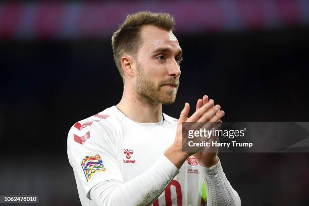 Christian Eriksen of Denmark acknowledges the fans after the UEFA Nations League Group B match between Wales and Denmark at Cardiff City Stadium on...