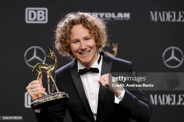 Music National' award winner Michael Schulte poses with award during the 70th Bambi Awards winners board at Stage Theater on November 16, 2018 in...