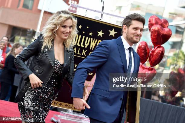 Michael Buble and Luisana Lopilato attend the ceremony honoring Michael Buble with star on the Hollywood Walk of Fame on November 16, 2018 in...