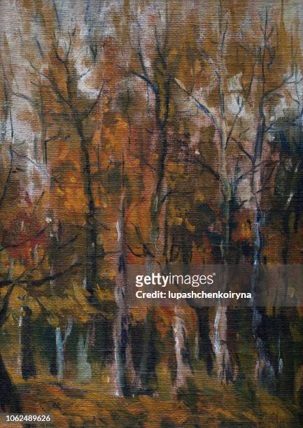stockillustraties, clipart, cartoons en iconen met modieuze illustratie van de blogauteur olieverfschilderij op doek van de kunstenaar landschap herfst bos bomen met gele bladeren - leaf on roof