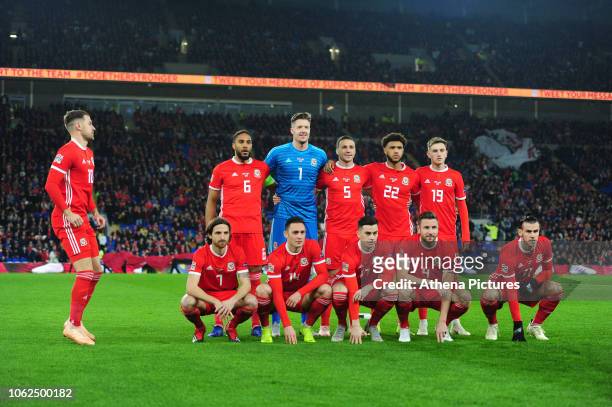 Players of Wales line up for team photo during the UEFA Nations League B match between Wales and Denmark at The Cardiff City Stadium on November 16,...