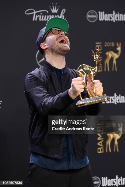 Mark Forster poses with his award 'Music National' during the 70th Bambi Awards winners board at Stage Theater on November 16, 2018 in Berlin,...
