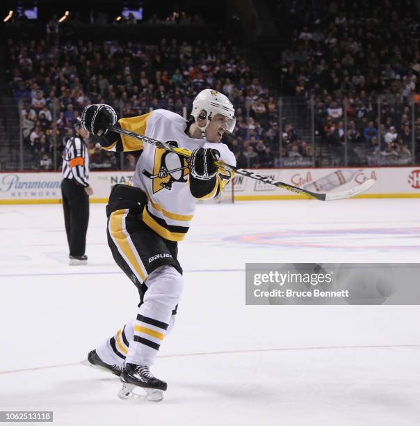 Evgeni Malkin of the Pittsburgh Penguins skates against the New York Islanders at the Barclays Center on November 01, 2018 in the Brooklyn borough of...