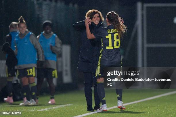 Juventus player Benedetta Glionna celebrates 1-0 goal with coach Rita Guarino during the match between Juventus Women and ASD Orobica on October 31,...