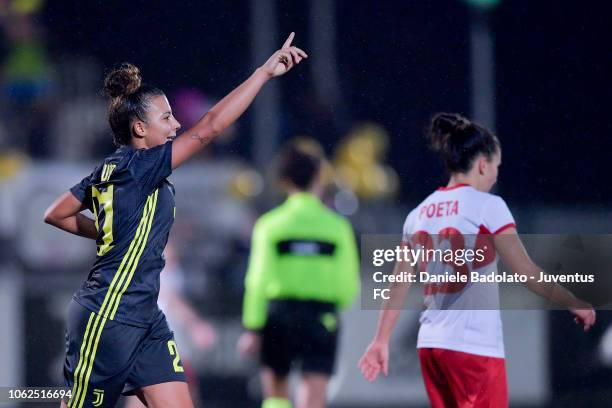 Juventus player Arianna Caruso celebrates 5-0 goal during the match between Juventus Women and ASD Orobica on October 31, 2018 in Vinovo, Italy.